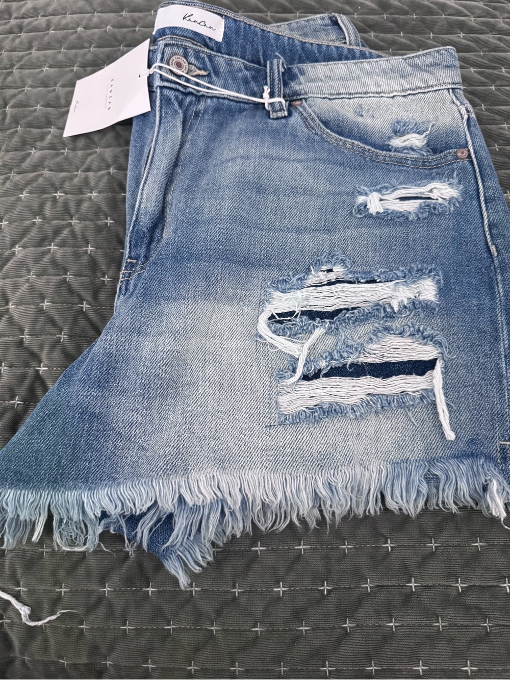 KanCan Light Blue Distressed Denim Shorts with Frayed Hem
